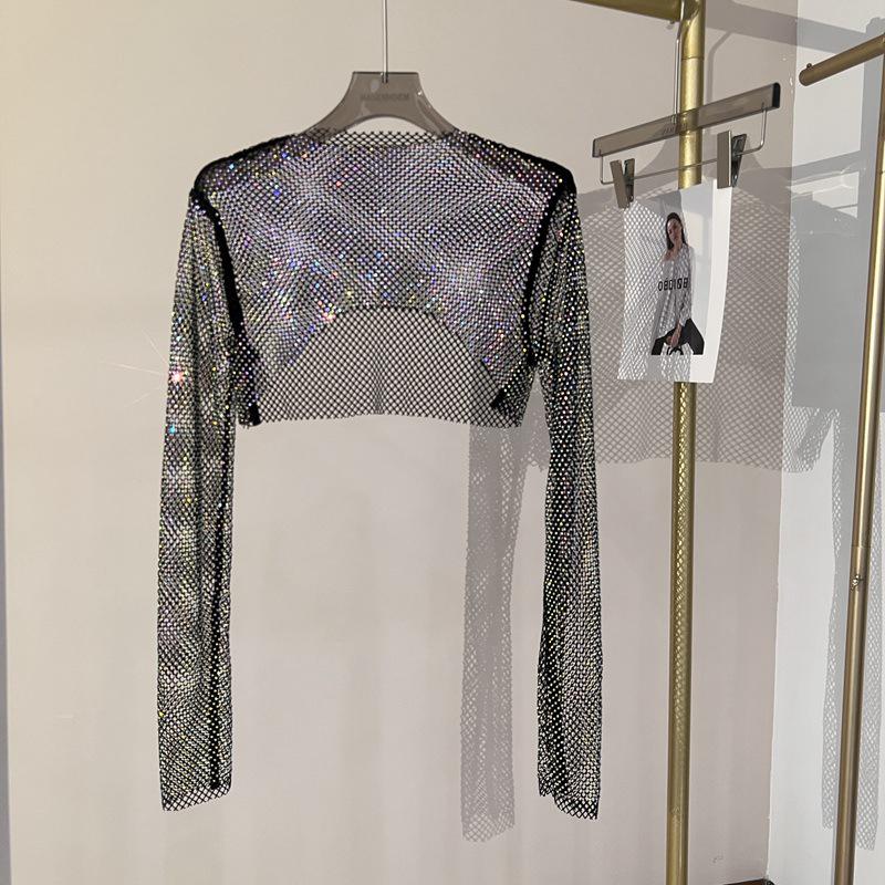 Блестящий сетчатый ромбовидный солнцезащитный топ с длинными рукавами для вечеринки