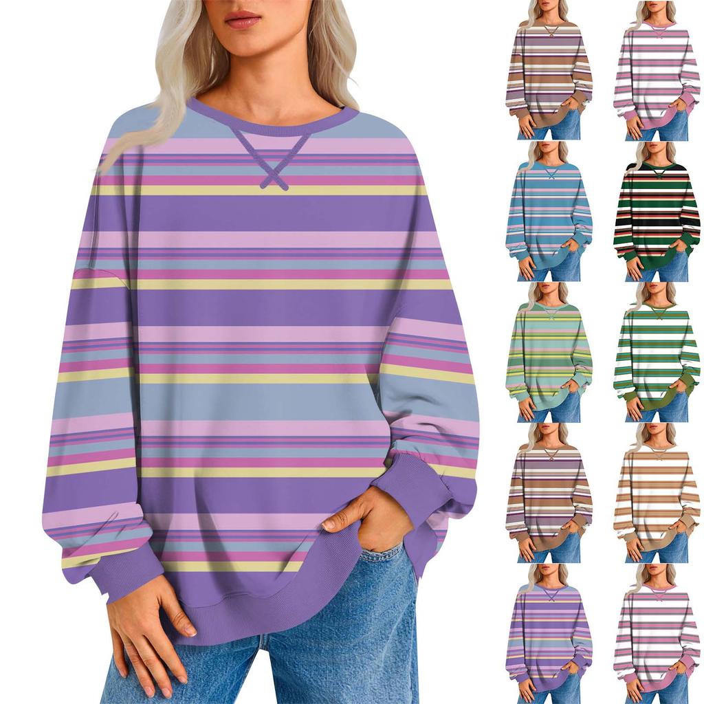 Women's Casual Striped Pullover Long Sleeve Shirt Oversized Sweatshirt