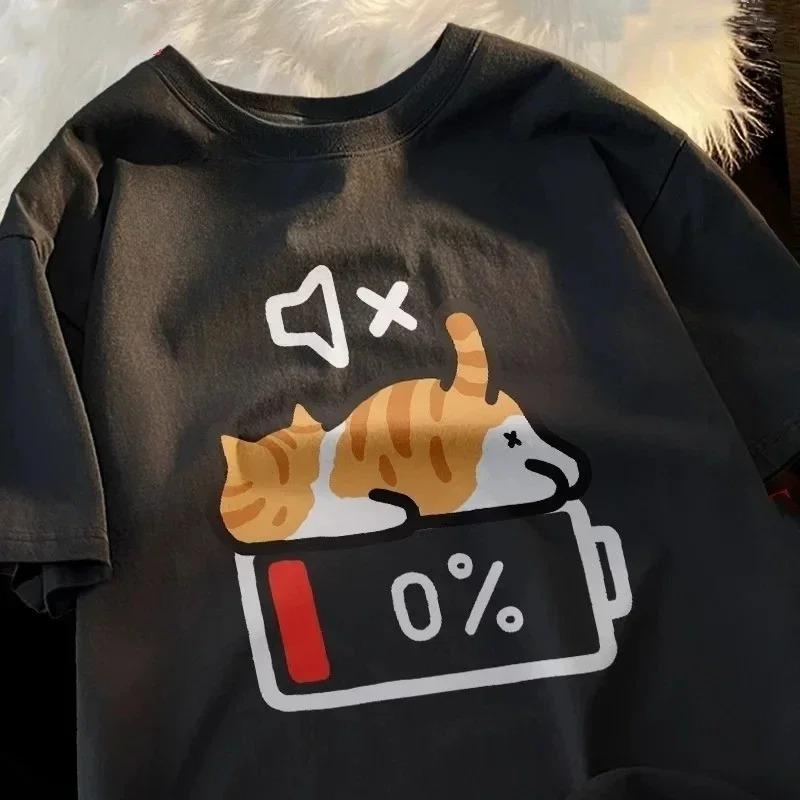 New Cute Low Battery Cat Print Round Neck Short-Sleeve T-Shirt Summer Collection Hot Sale Woman Clothes T Shirt Tops Tee