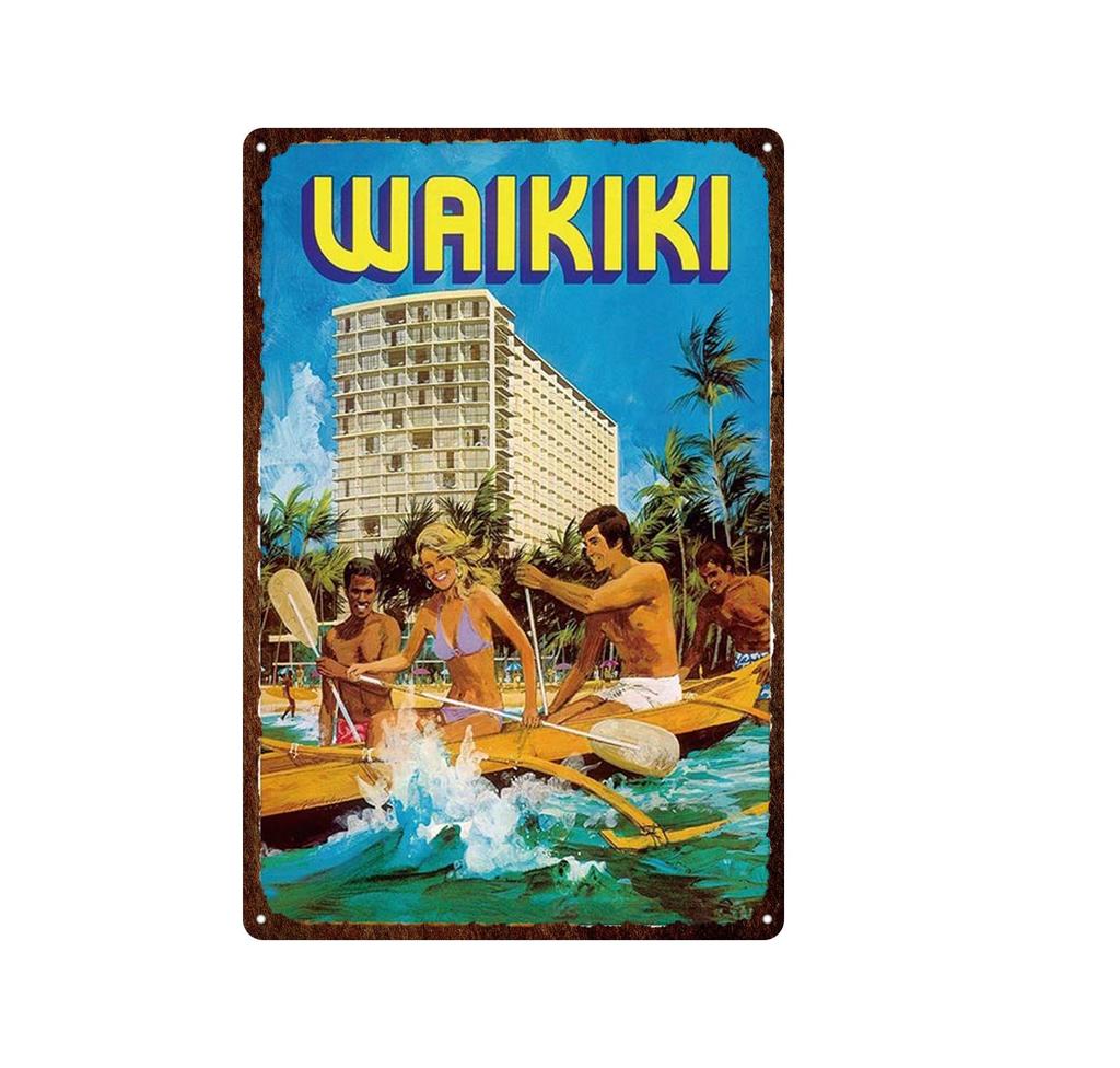 Гавайи Вайкики Приморский Пейзаж Металлическая Оловянная Вывеска Известный Туристический Город Ретро Серфинг/Декоративная Налет Для Автомобиля Железная Живопись 20*30 см