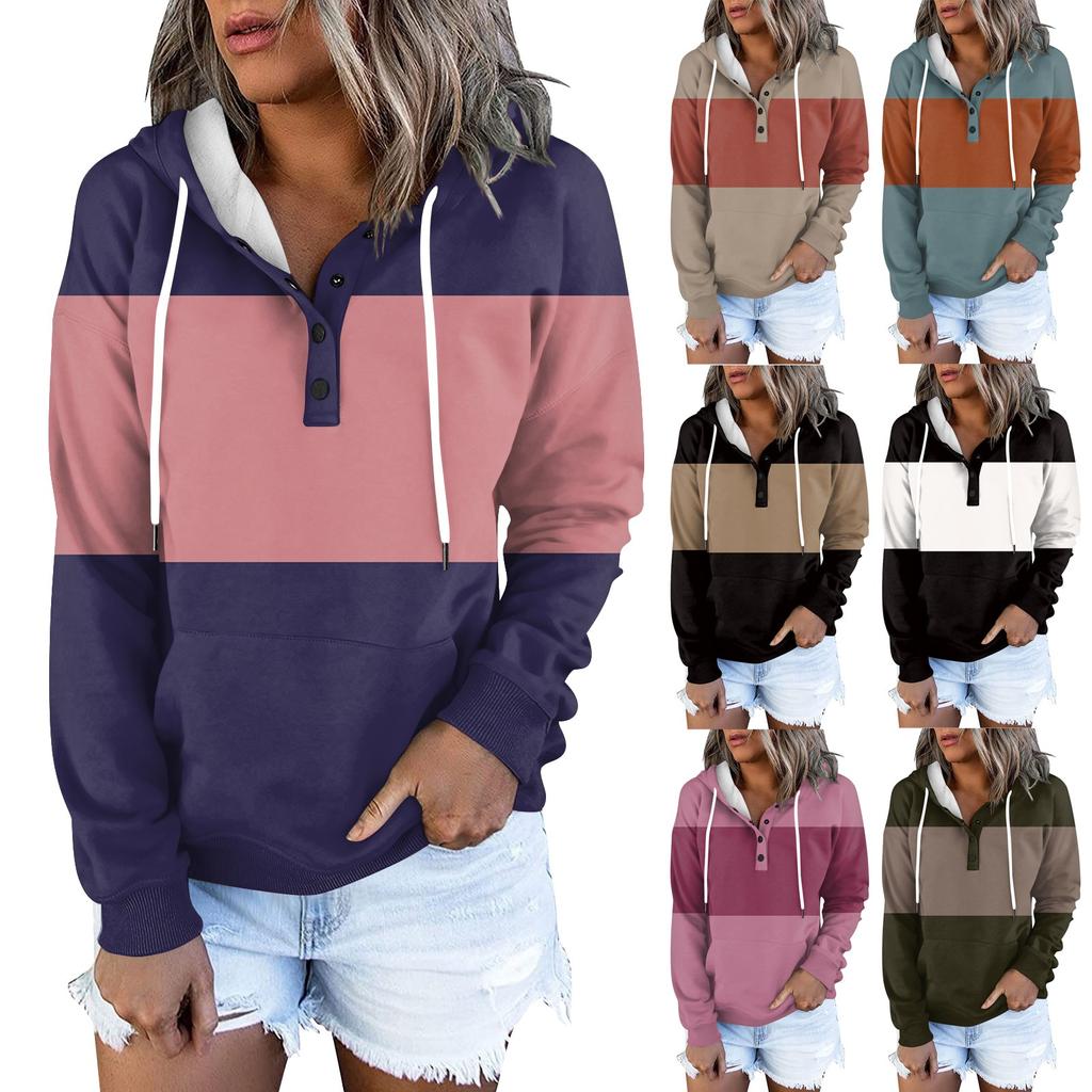 Womens Hooded Button Collar Drawstring Hoodies Pullover Sweatshirts Casual Long Sleeve Tops Shirts