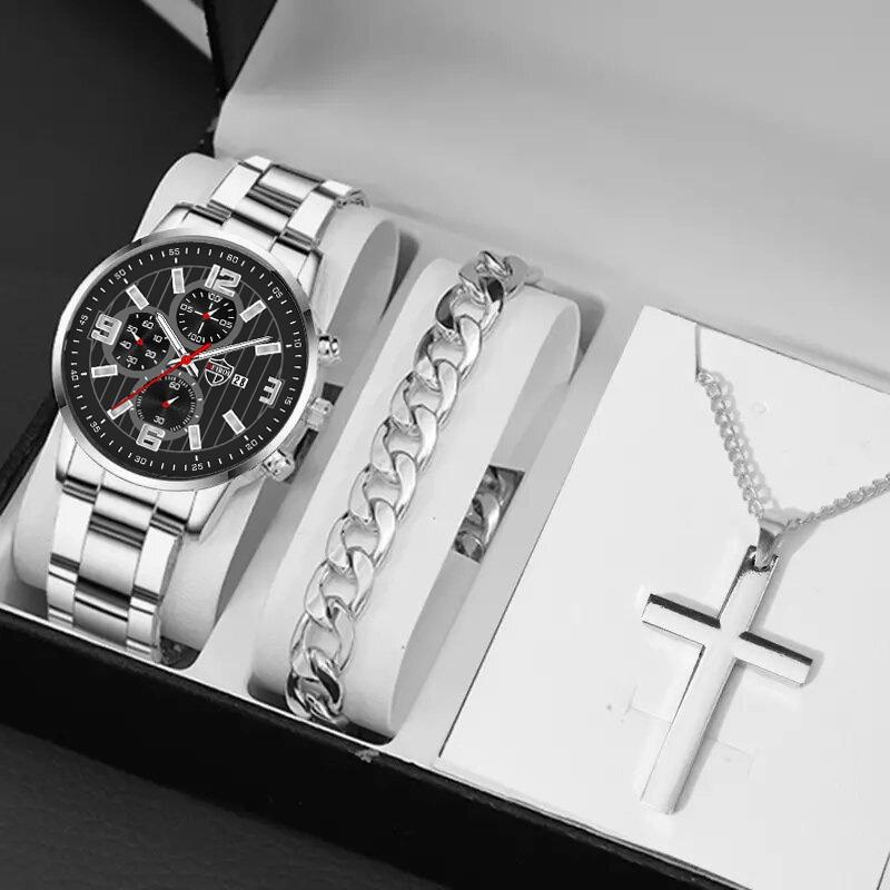 3 шт./набор, 1 шт. модные мужские повседневные кварцевые часы из нержавеющей стали с календарем, 1 шт. браслет, 1 шт. ожерелье, мужские подарки