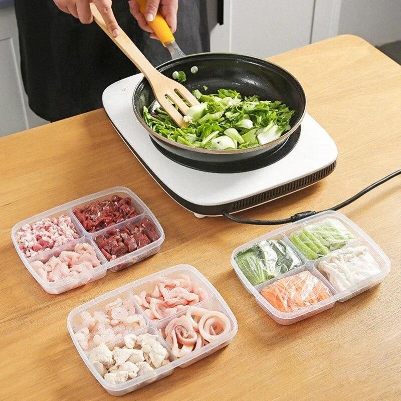 4 Grids Food Fruit Storage Box Portable Compartment Refrigerator Freezer Organizers Sub-Packed Meat Onion Ginger Clear Crisper KTY
