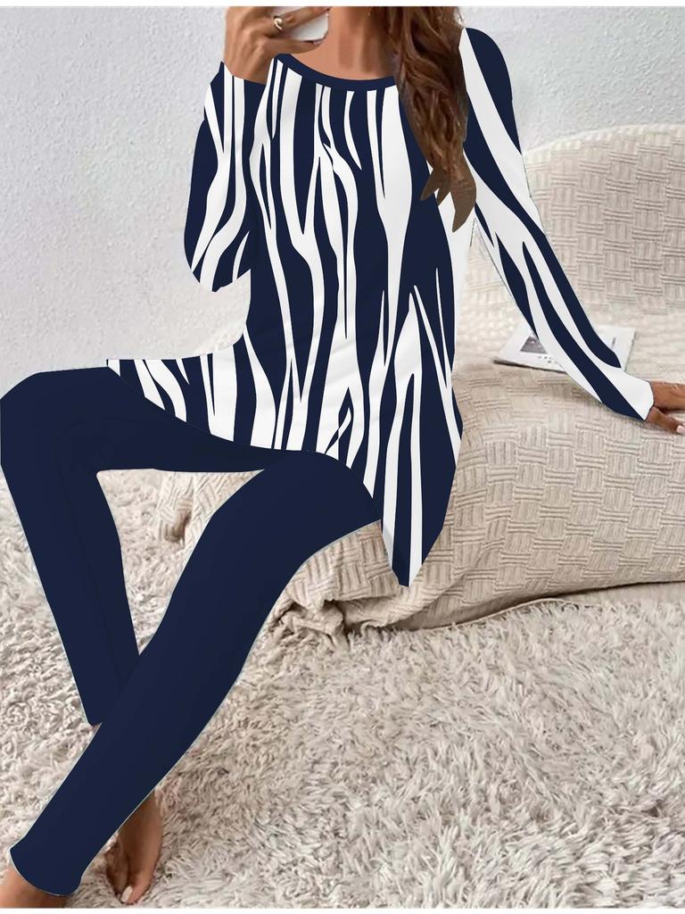 Евро-американская мода 3D Геометрический принт Женский Четырехсезонный Комплект из футболки с длинным рукавом + длинных брюк. Идеальный подарок на Новый год и Рождество