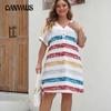 Sexy Dress Spring and Summer Women's Plus Size Loose V-neck Striped Printed Dresses