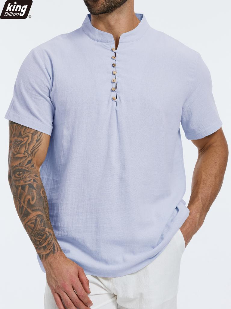 Летняя Новая Мужская Хлопково-Льняная Футболка с Коротким Рукавом Дышащая Легкая Однотонная Мужская Модная Футболка Хенли с Пуговицами
