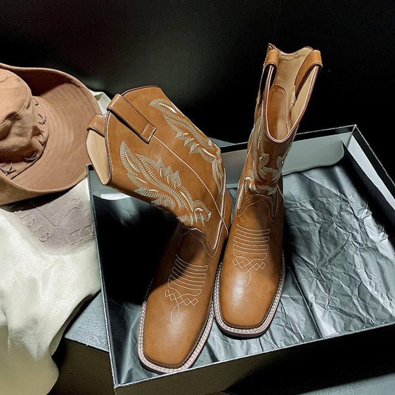 Leather Western Cowboy Boots Embroidered Knight Boots Women'S Thick Heel Medium Tube Vintage V-Mouth Square Head Martin Boots