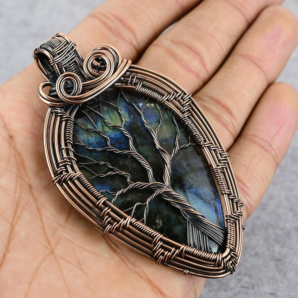Лабрадорит драгоценный камень чистая медная проволока обертывание ювелирные изделия ручной работы кулон