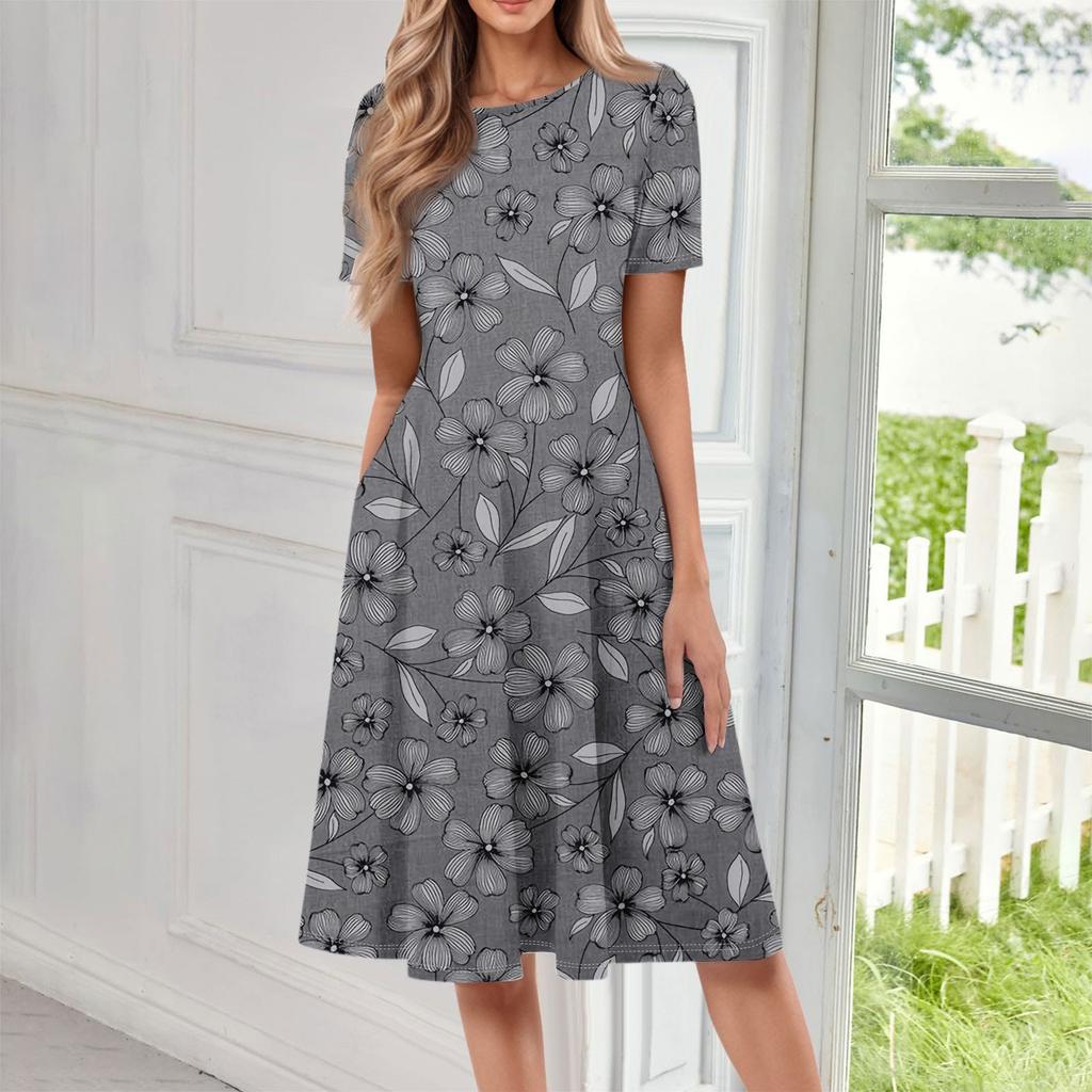 Женское повседневное модное платье миди с круглым вырезом и коротким рукавом с цветочным принтом