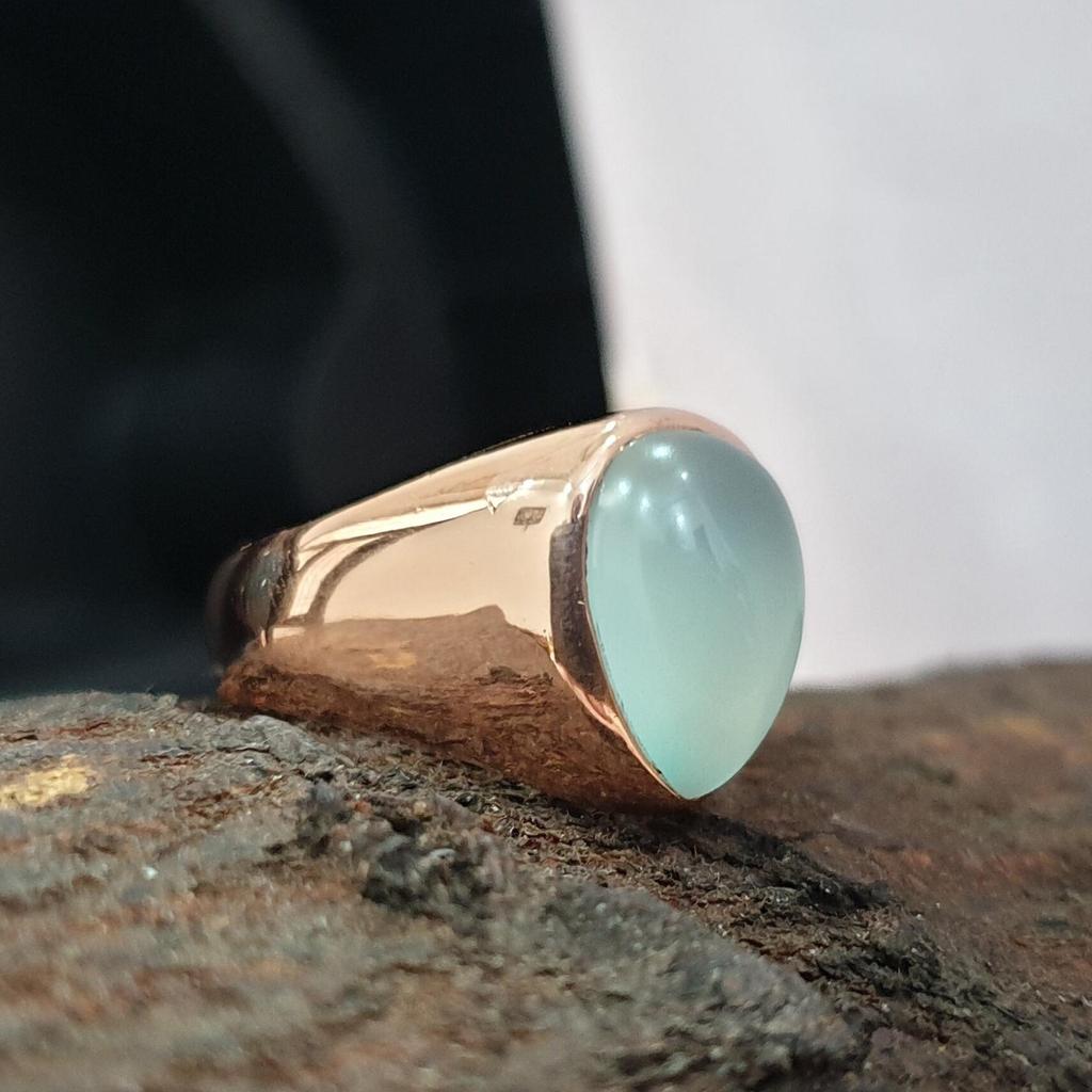 Pear Cab Aquamarine Gemstone 925 Sterling Silver Rose Gold Overlay Ring Jewelry, Unisex Signet Gift Ring