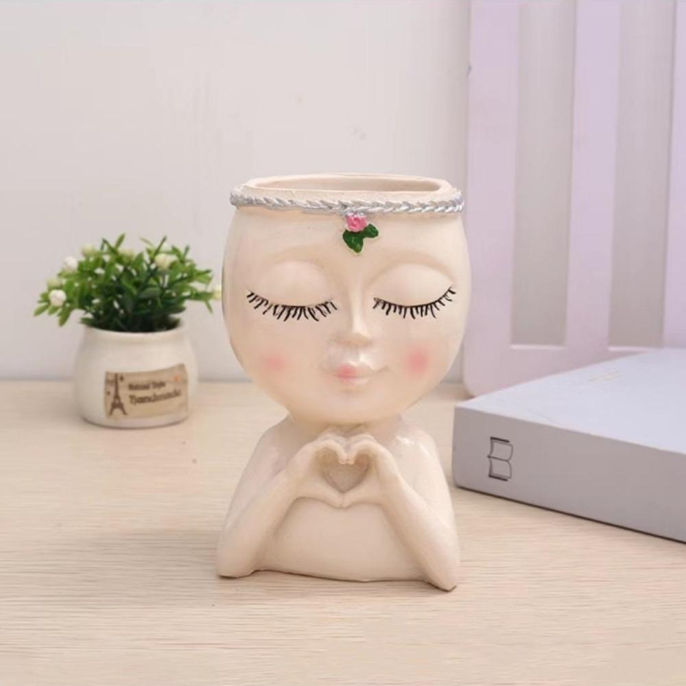 Creative Resin Face Flower Pot with Drainage Hole Loving Little Girl Succulent Planter Gift Cute Desktop Storage Garden Supplies
