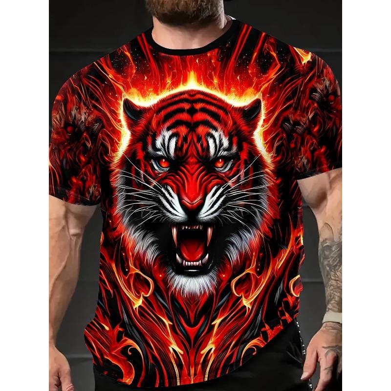3D Tiger Printed Short Sleeve Crew Neck Men's T-shirts Breathable Stretch Casual Fashion Tee Outdoor Party Weekend Wear Tops