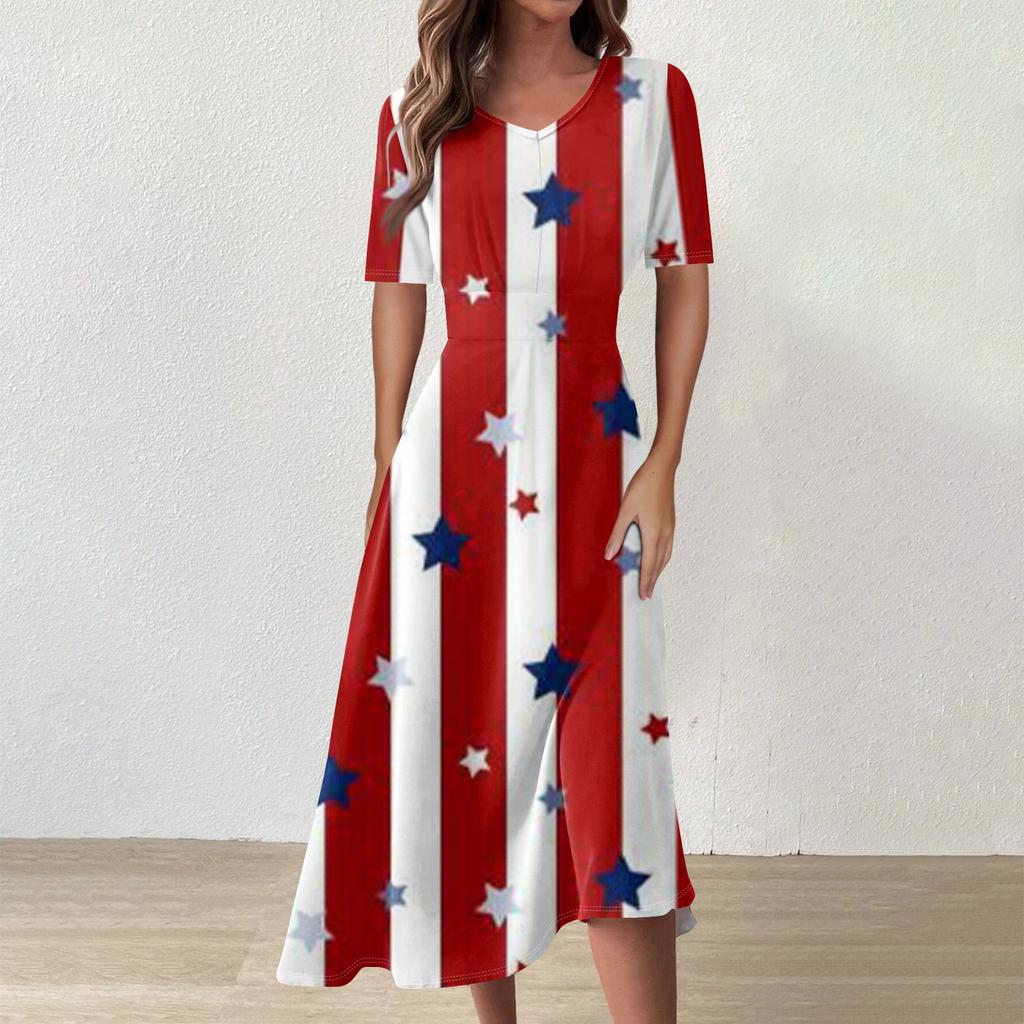Ladies Casual Fashion Print V-Neck Short Sleeve Waist Long Swing Dress