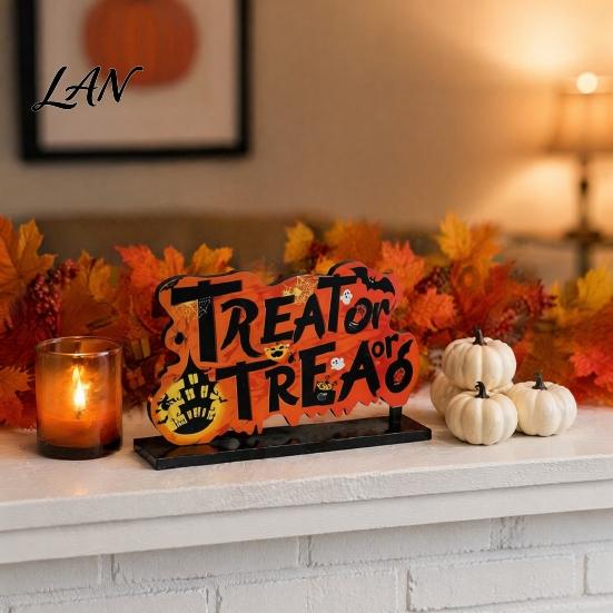 Halloween Wooden Ornaments Tabletop Ornaments, Freestanding Solid Wood Letter Signs, Decorative Table Centerpiece Desktop Accessories with Pumpkin And