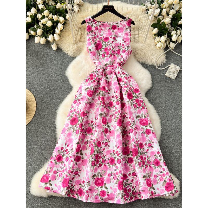 Court Style Dress Women's 2024 New Arrival Retro Print Silm Mid Length Long Length Large Swing Sleeveless Vest Dress Women's Dress