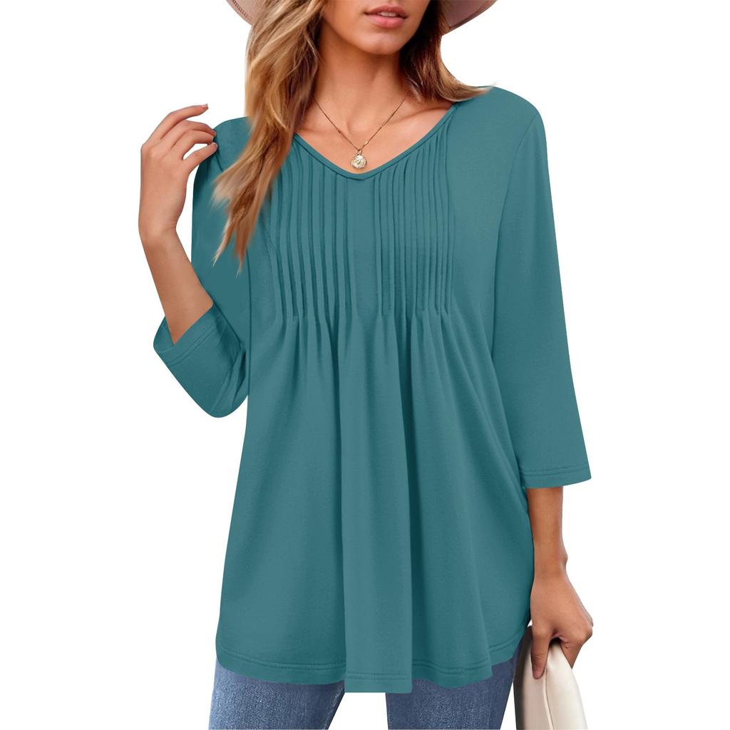 Женские топы с V-образным вырезом и рукавом три четверти в полоску, плиссированные, повседневные, летние, модные, рубашки
