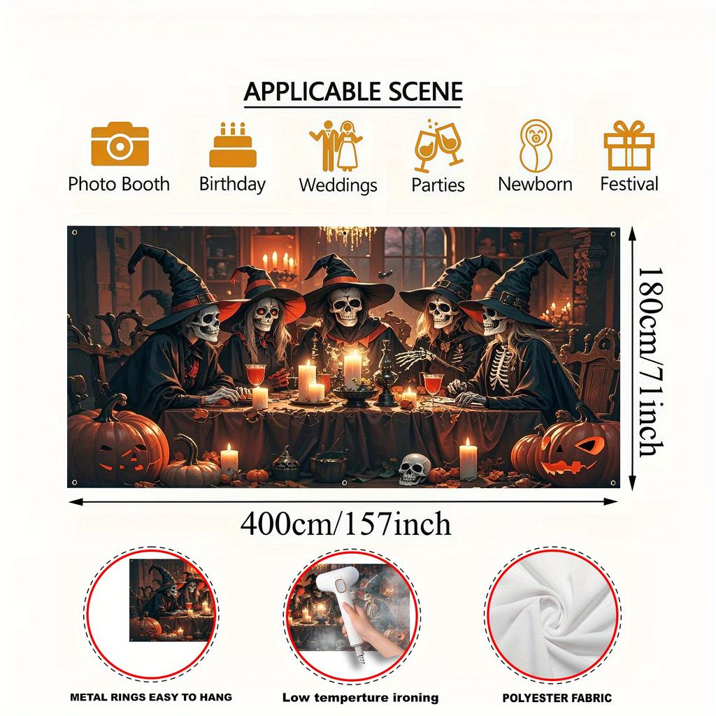 Halloween party banner - Ghost Witch and Skeleton Gathering Decorations including witch hat and pumpkin patterns.PMJ