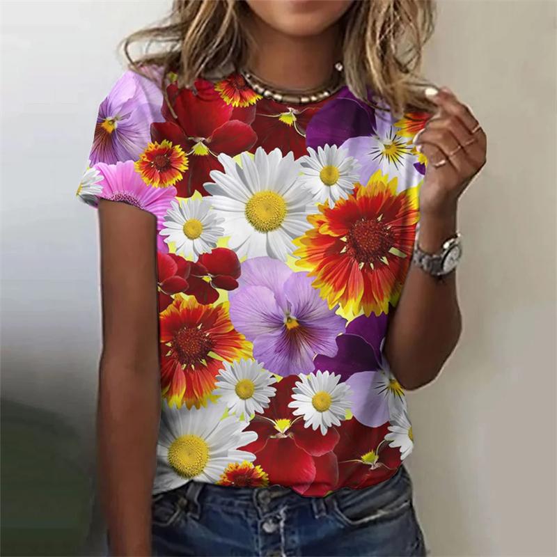 Летний топ с круглым вырезом и 3D-цветочным принтом, модные повседневные женские футболки с короткими рукавами