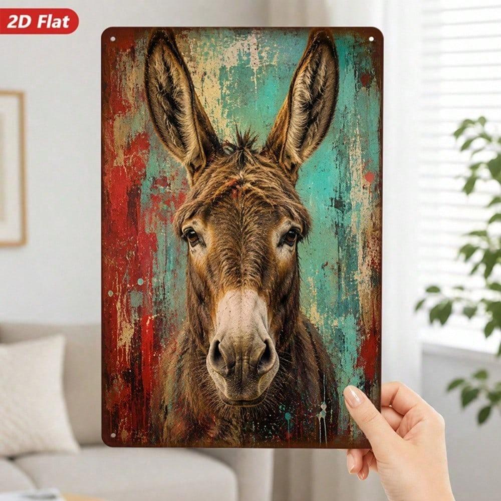 1pc Rustic Vintage Metal Sign, Donkey Portrait 2D Flat Wall Decor Plaque, Windproof Durable Iron Hanging Ornament