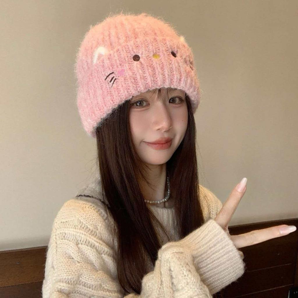 Ear protection ear autumn and winter knitted wool cat thermal hat outdoor versatile face small velvet thermal hat women's wool