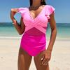 Women Monokini Deep V Neck Mesh Splicing Ruffle Sleeve Swimsuit Solid Color Quick Drying One-piece Bikini
