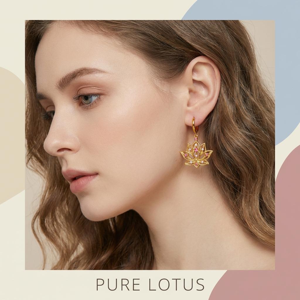 Ethnic Lotus Flower Earrings for Women Minimalist Hollow Pink Rhinestones Flower Hoop Earrings Elegant Party Jewelry Gift