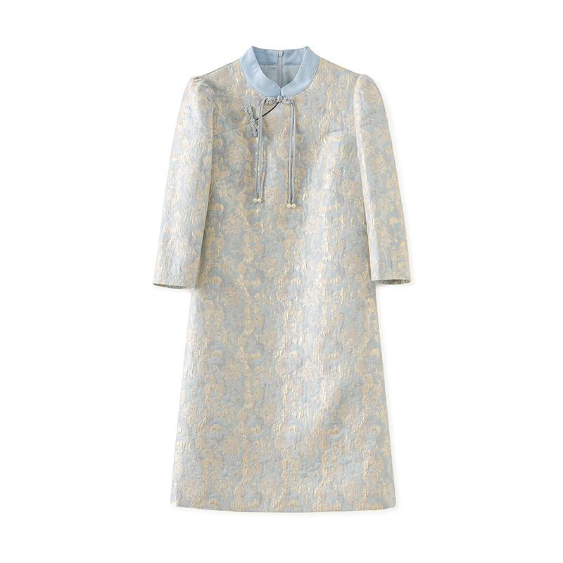 Spring New Arrival Gold Silk Jacquard Slim Waist Dress - Women's Fashion