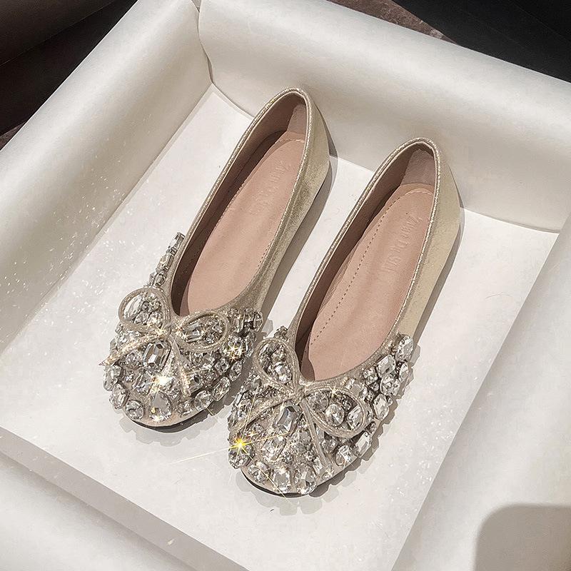Fashion Luxury Designer Woman Rhinestone Flats Ballet Gold/Silver Bowtie Loafers Femmes Shallow Slip On Ballerinas Brides Wedding Shoes