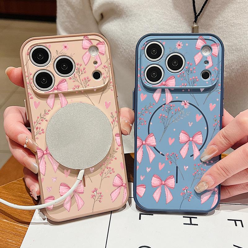 Pink Bowknots Floral Pattern For iPhone 17 Pro Max Funda iPhone 16 15 14 13 Pro Max Skin Feeling Magnetic For Magsafe Shockproof Bumper Cover