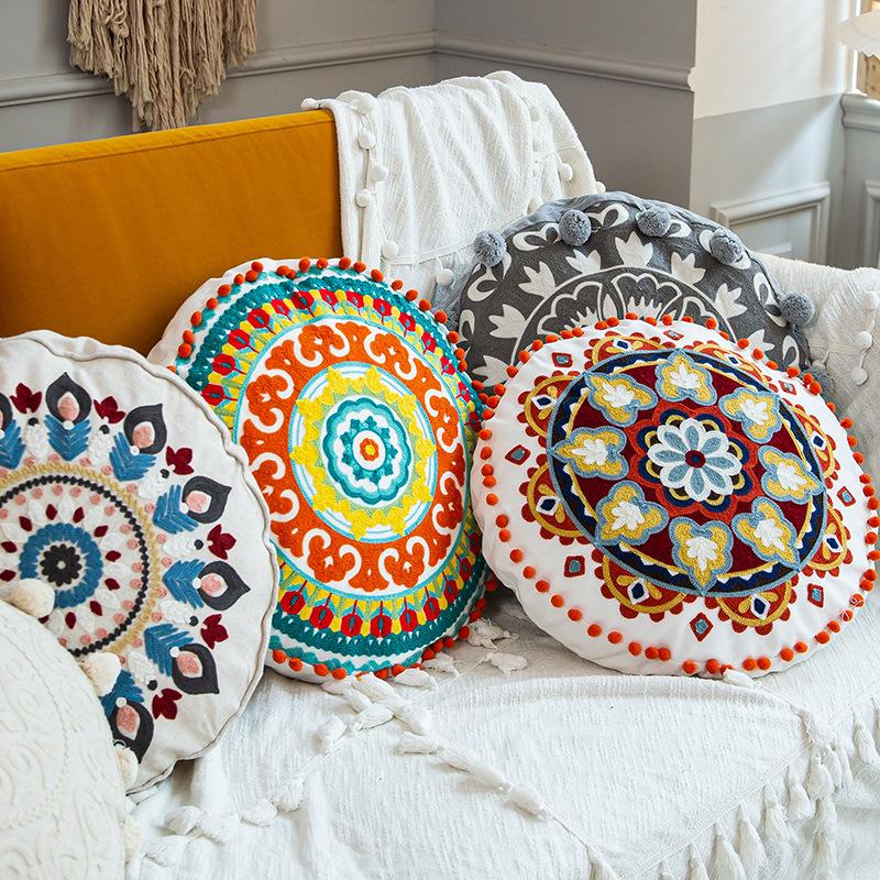 Moroccan Ethnic Style Hand-embroidered Round Pillowcase Living Room Sofa Cushion Ball Indian Decorative Pillow