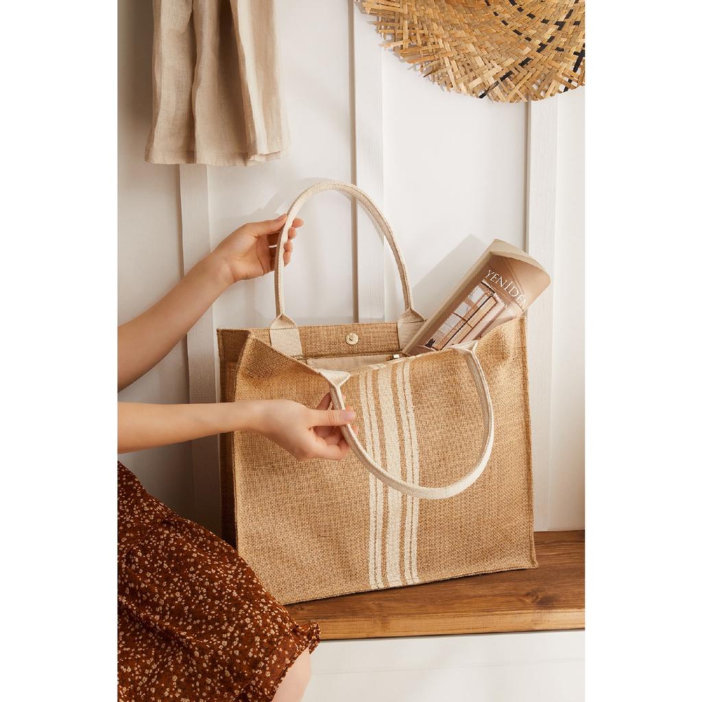 Пляжная сумка через плечо с ручкой для покупок из натурального джута Live Simple с принтом 42x35x12