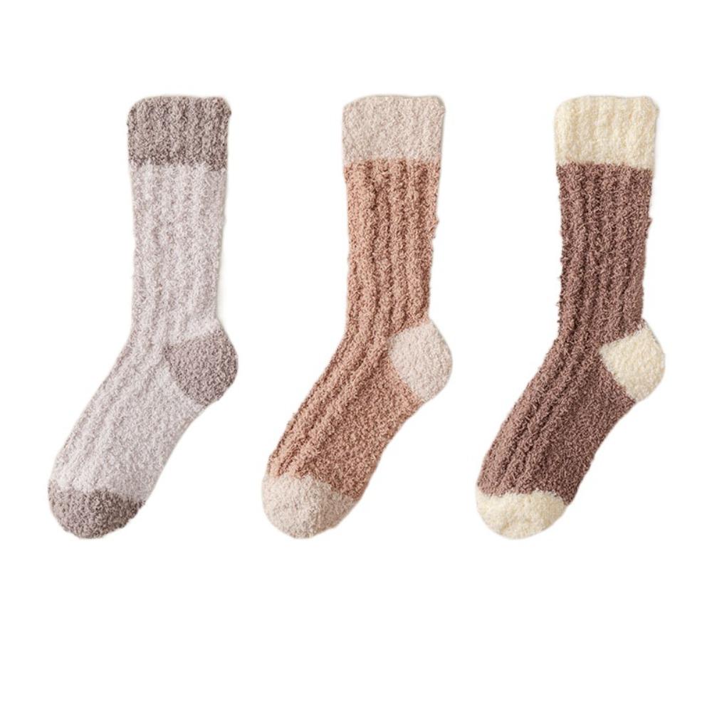 3Pairs Sleeping Coral Fleece Socks Winter Mid Tube Socks Women Solid Color Floor Plush Socks Autumn