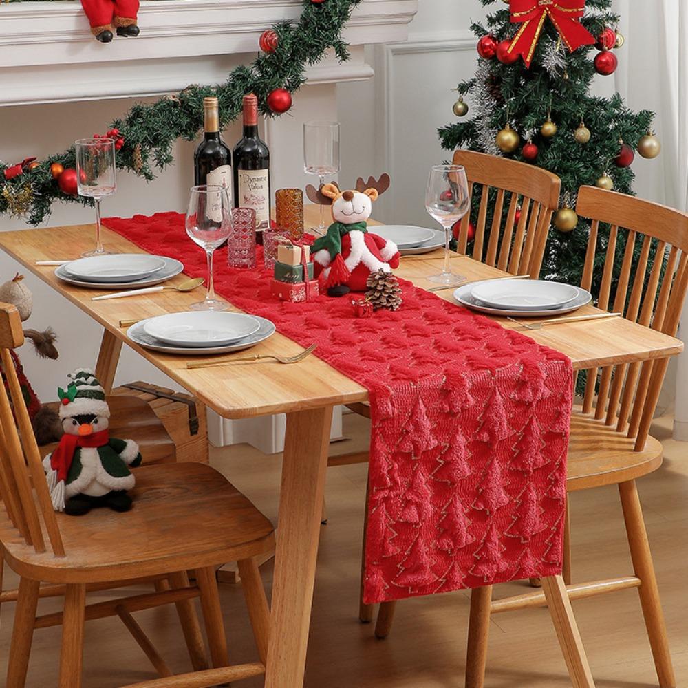 Embroidered Christmas Tree Table Runner Embossed Design Rectangular Christmas Table Cover Long Dining Tablecloth New Year