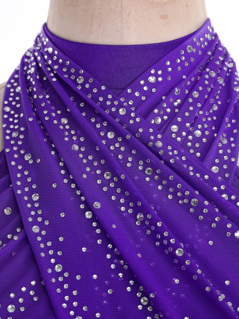 Womens Latin Dance Top Halter Sleeveless Strappy Backless Design Shiny Rhinestones Cross Front Ruched Mesh Crop Top