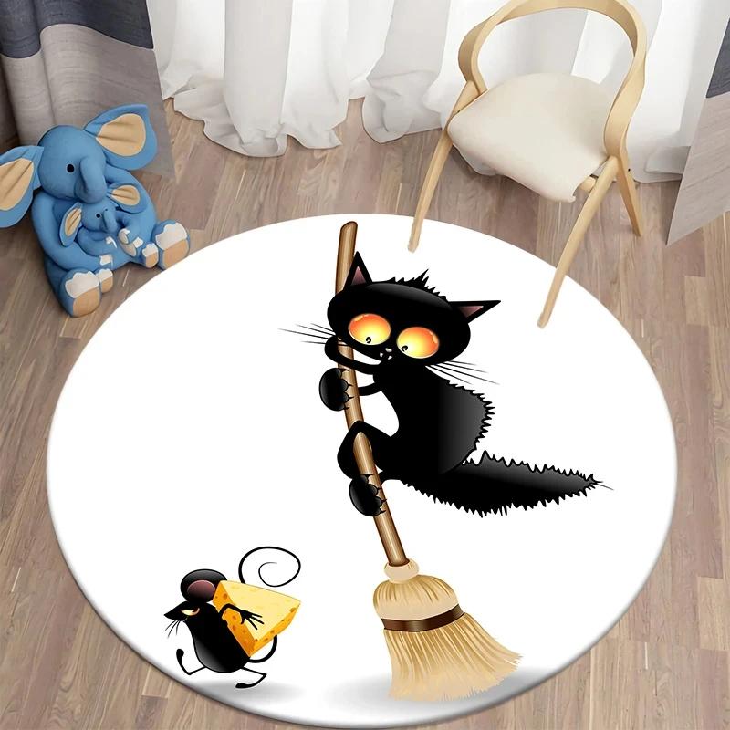 Круглый ковер с черным котом Кавайный ковер с мультяшным животным принтом для гостиной, спальни, декора для стула, комфортный коврик для йоги, нескользящие напольные коврики