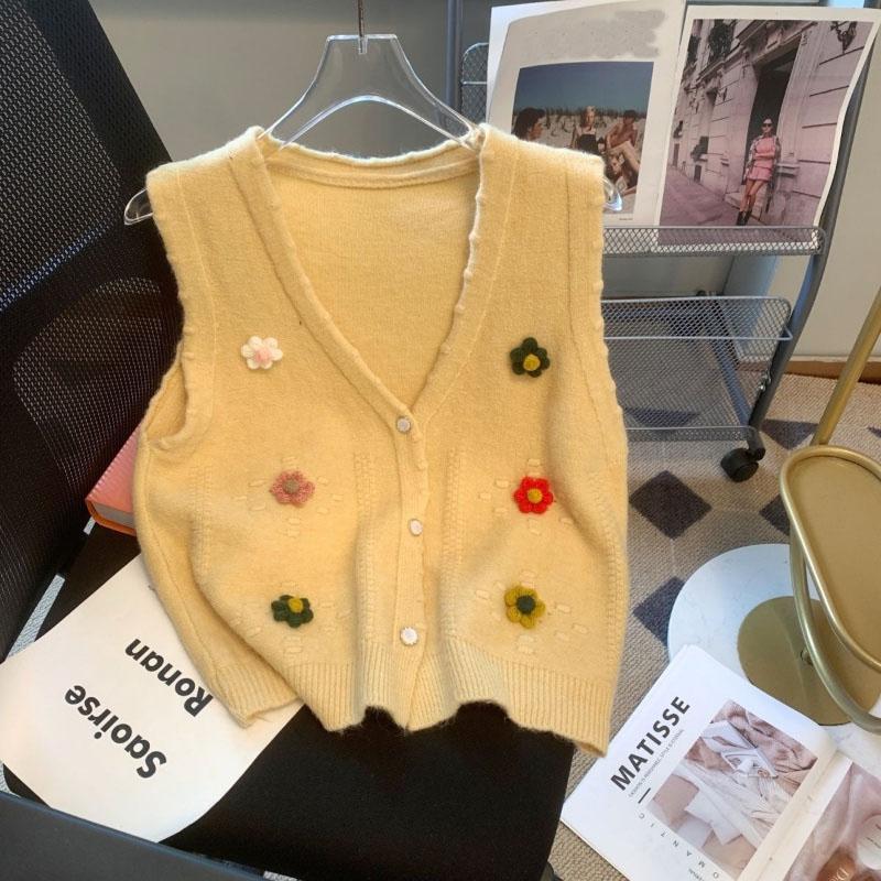 Вязаный кардиган с милым цветком, корейское издание, шикарный жилет-свитер, свободное маленькое пальто без рукавов, весенний жилет-кардиган