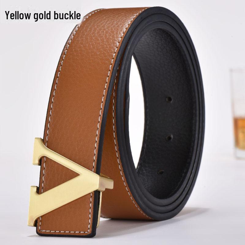 Men's Korean Style Genuine Leather Belt with Smooth V Buckle