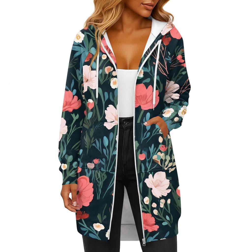 Women's Fashionable Printed Long Sleeved Drawstring Hooded Zipper Pocket Long Casual Sweatshirt Jacket
