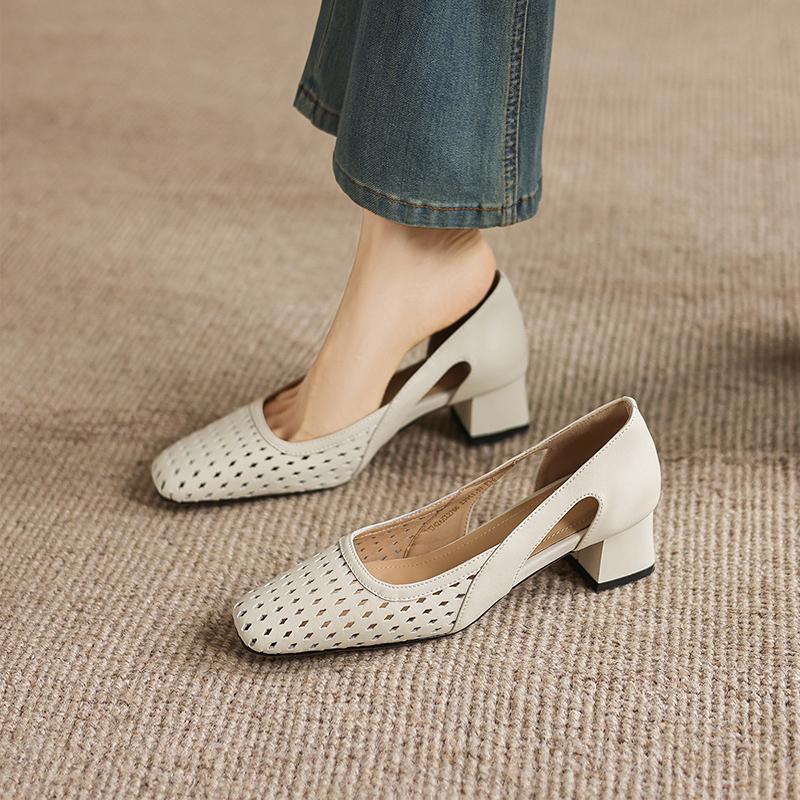 Sheepskin hollow soft surface coarse heel sandals for women's summer fashion versatile 4CM breathable