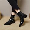 Soft Leather Thick Heel Short Boots Women's Pointed Middle Heel Thin Boots Velvet Women's Shoes Winter New Cotton Leather Shoes Martin Boots