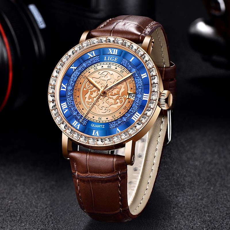 LIGE Brand Luxury Mens Watch Leather Strap Waterproof Quartz Wristwatches Male Diamond Business Watches Women Clock Reloj Hombre