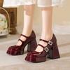 Новая стразовая пряжка квадратный носок лакированная кожа толстый каблук высокий каблук женская обувь платформа водонепроницаемая стол Мэри Джейн универсальная увеличение роста