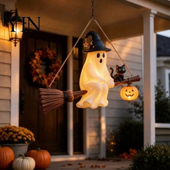 Seasonal Outdoor Atmosphere Decor Solar Ghost Hanging Light, Halloween Resin Flying on Broom Ornament, Waterproof Light Powered Lights Up Lamp,