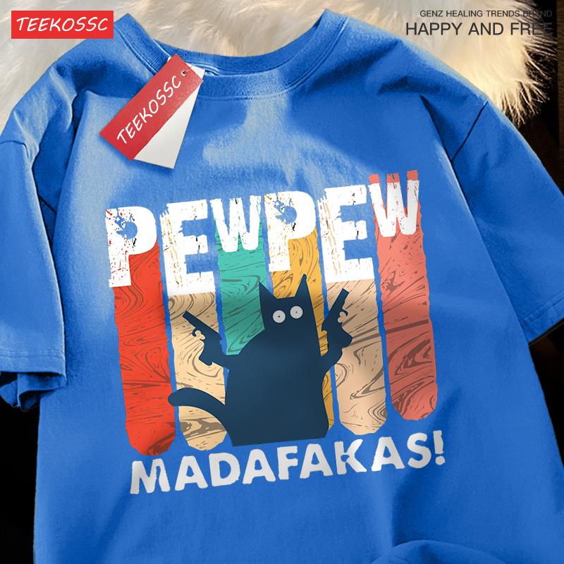 Pew Pew Madafakas Двойной пистолет Кот Мужская футболка Качественные футболки Летняя Оверсайз С коротким рукавом Одежда Хлопок Свободный Уличные Топы