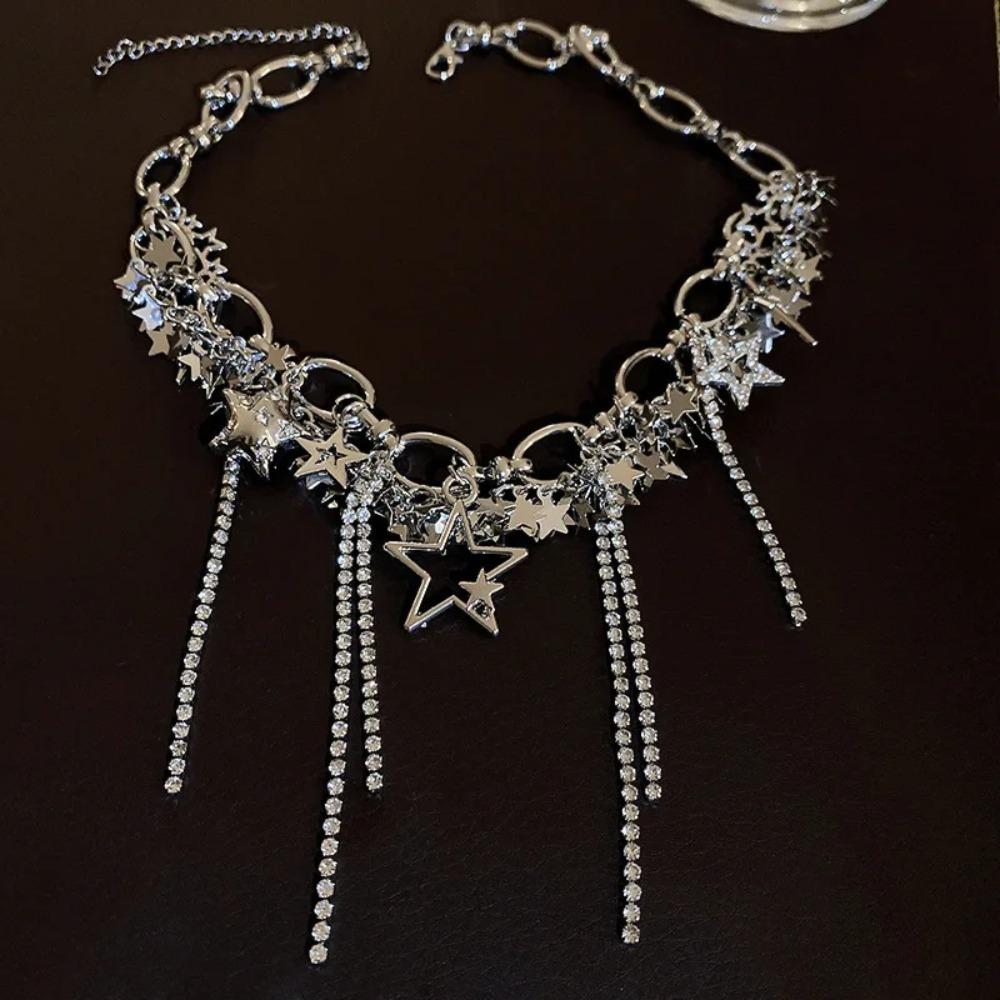 Electroplating Fashion Inlaid Rhinestone Necklace Alloy Charm Necklace Y2k Style Tassels Necklace
