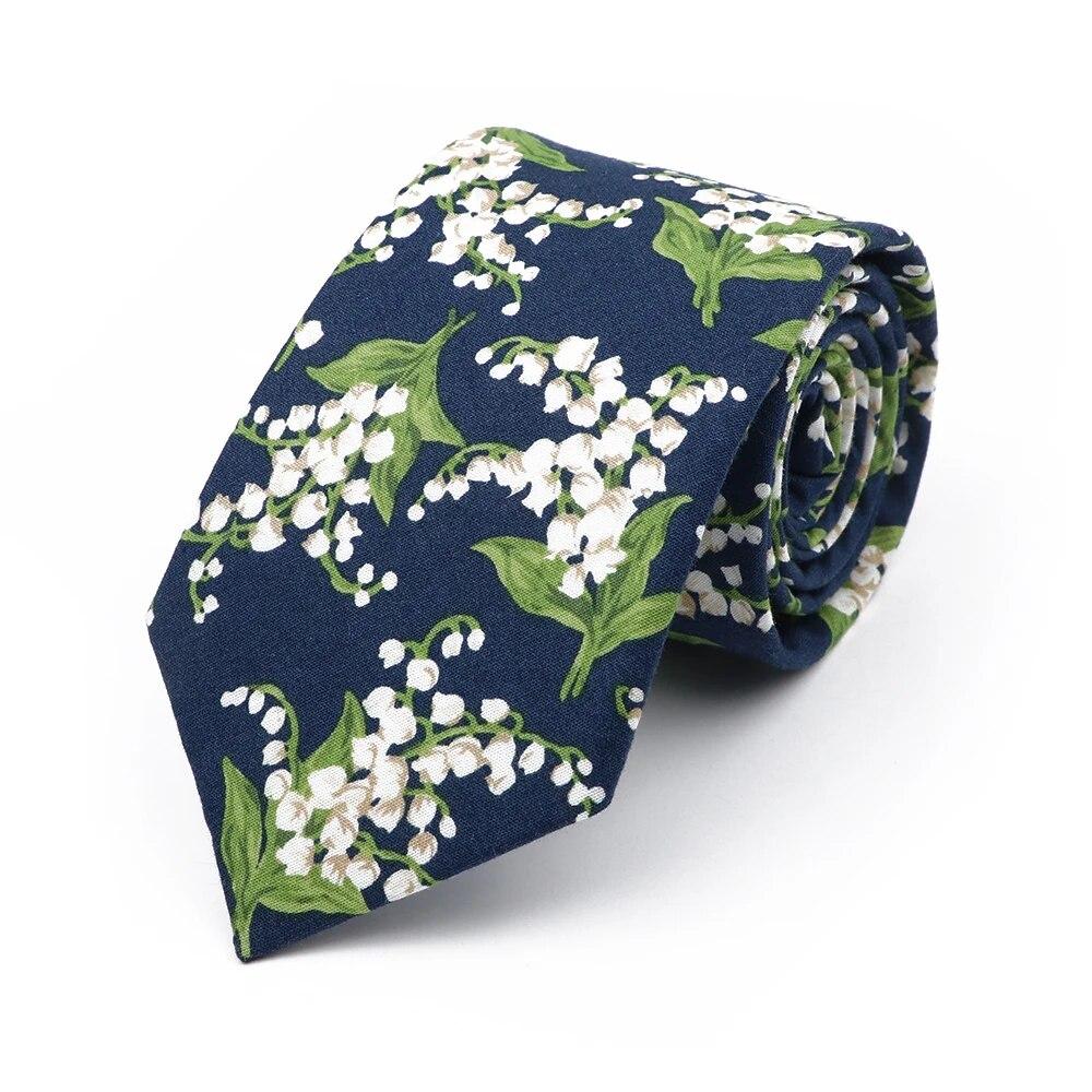 Floral Tie, For Men Women, 100% Cotton, Elegant Flower Necktie, White, Blue, Narrow Skinny, Wedding, Party