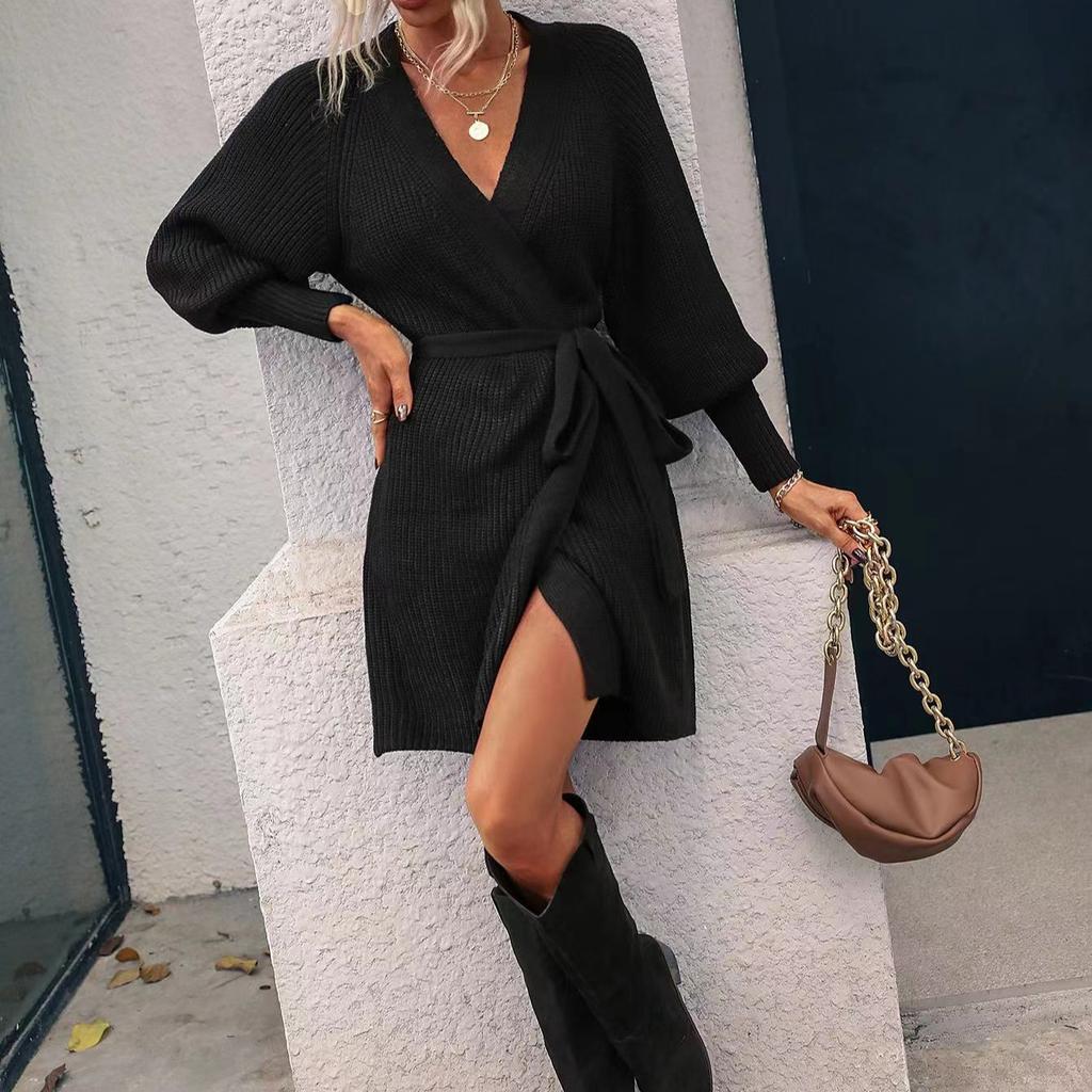 IHUASU Autumn and Winter Mid-length Cardigan Solid Colour Women's Knitted Tie Cardigan Jumper