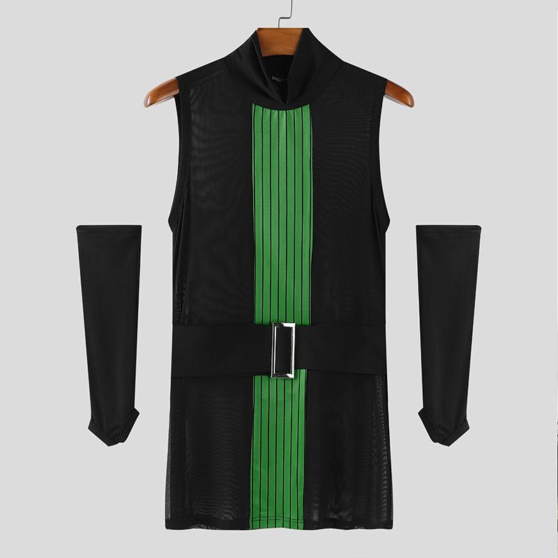 INCERUN Мужские майки без рукавов в полоску с сетчатыми вставками, прозрачные, облегающие, с накидными рукавами