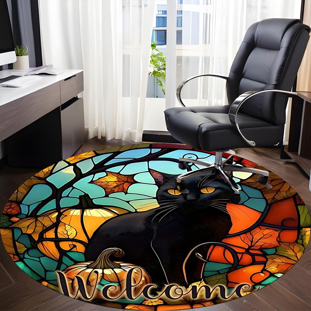 1pc Pumpkin Cat Office Round Area Rug, Under Office Chairs Bedroom Living Room Home Decor, Room Deco, Available in Various Sizes