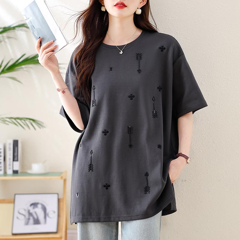 Dimanaf 2025 Новые летние футболки больших размеров для женщин с узором O-образным вырезом и коротким рукавом, свободные хлопковые топы, футболки